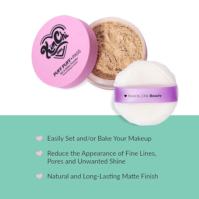 KimChiChic Beauty Puff Puff Pass Set and Bake Setting Powder for Makeup, Extra Fluffy Loose Face Powder Poof, Soft Natural Face Makeup for Uneven Skin Tone, 04 Peachy