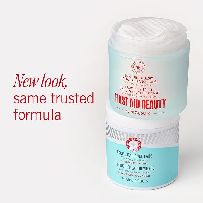 First Aid Beauty - Facial Radiance Pads with Glycolic & Lactic Acids, Daily Exfoliating Pads with AHA, Visibly Smaller Pores, Help Tone & Brighten Skin, One-Step Makeup Prep, Compostable, 60ct