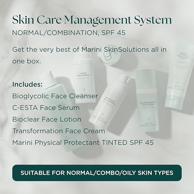 Marini SkinSolutions Skin Care Management System, Normal to Combination Skin with Physical Protectant Tinted SPF 45 - Cruelty Free - Made in the USA