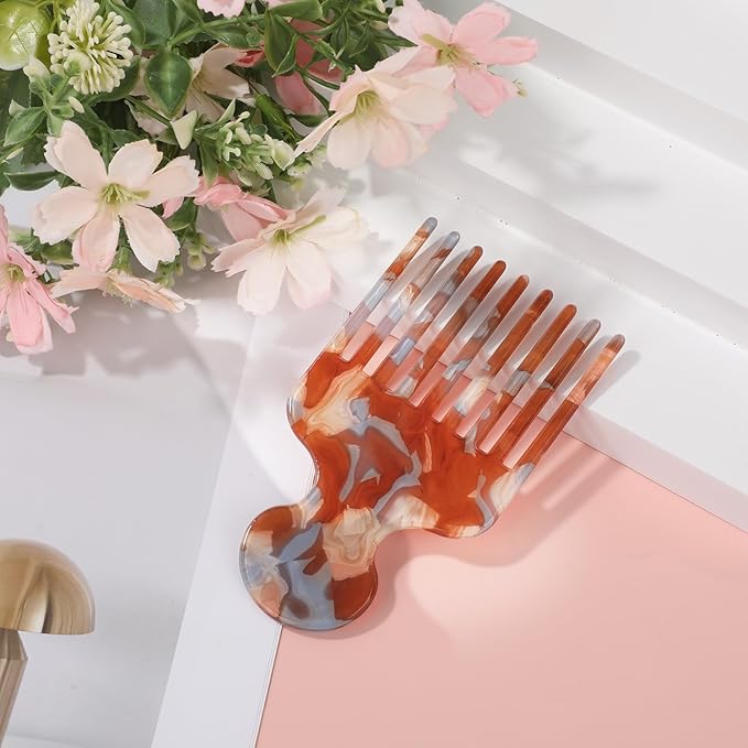 Wide Tooth Hair Pick Comb for Curls, 12cm/4.72in Detangling Lifting Comb Long Tooth Afro Pick Hair Styling Tool for Women Men Barber Supplies (Yellow Blue)