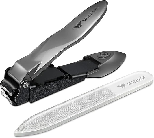 Nail Clippers with Catcher, No Splash Fingernail Toenail Clippers with Sharp Curved Blade and Glass Nail File, Wide Jaw Opening Stainless Steel Nail Cutter Trimmer for Seniors Adult Men Women