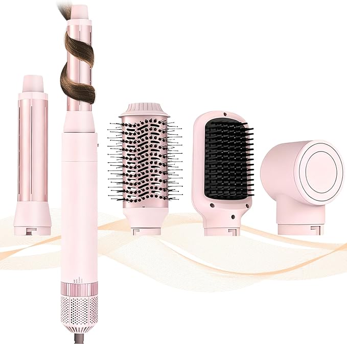 5 in 1 Air Wrap Hair Styler,Dual Voltage Professional Frizz Free Hair Dryer Brush - High-Speed Hot Air Styler, No Heat Damage Auto Wrap Hot Air Styler Wrap, Fast Drying, Curling, Straightening (Pink)