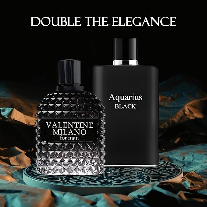 2PCS Valentine Milano/Aquari Black Eau De Toilette for Men-Fresh,Romantic Scent Perfume for Men 3.4 Fl Oz Each Mens Cologne For All Skin Daily Used