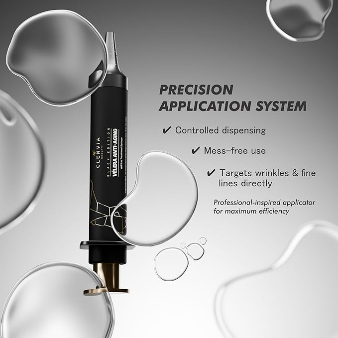 Vélera Anti-Aging Wrinkle Treatment Syringe – Black Edition by Clenvia Beauty – Advanced Line-Reduction & Skin-Firming Formula with Cucumber & Rhodiola – 10ml Precision Applicator