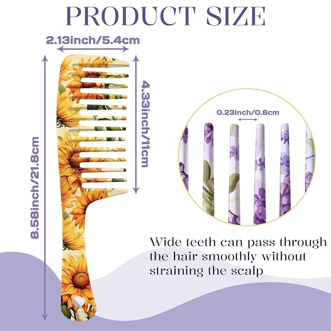 2PCS Wide Tooth Comb,Effortless Tangle Removal for Long Hair Styling Comb for Curly,Wet,Cute Aesthetic Design for Women Men and Girls(Yellow-Flower-12)