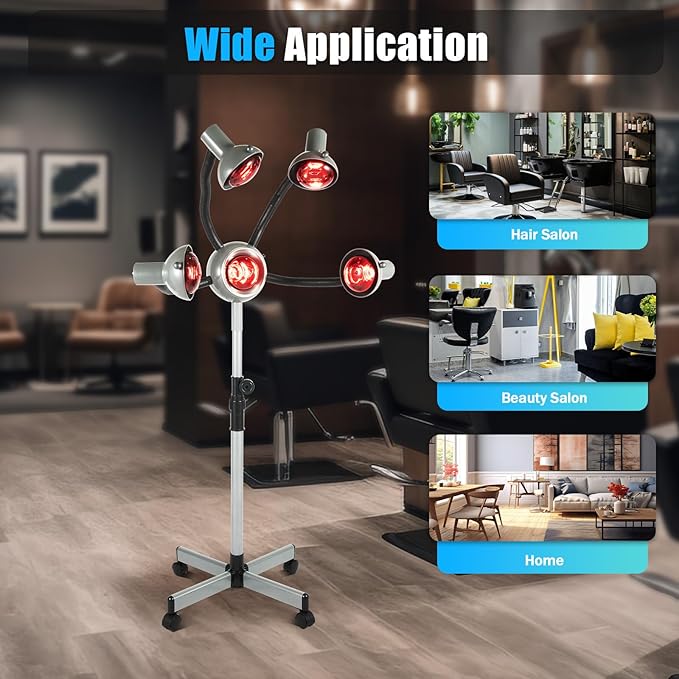 Perm Steamer, 5 Head Infrared Heater with Rolling Base - 750W Hair Drying and Perming Machine, Adjustable Height