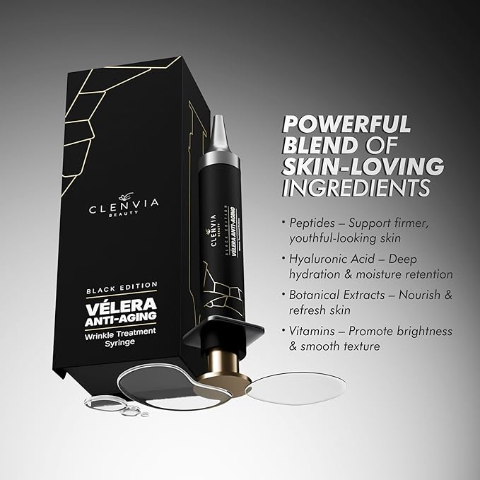 Vélera Anti-Aging Wrinkle Treatment Syringe – Black Edition by Clenvia Beauty – Advanced Line-Reduction & Skin-Firming Formula with Cucumber & Rhodiola – 10ml Precision Applicator