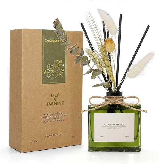 Reed Diffuser, 6.09 oz Jasmine Lily Scent Diffuser with Sticks & Dried Flowers, 120 Days Long Lasting reed diffusers for home, Elegant fragrance for Bathroom Bedroom Office Decor, Air fresh