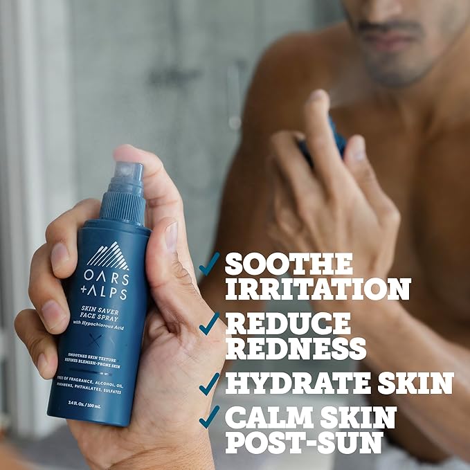 Oars + Alps Skin Saver Facial Spray for Sensitive Skin, Face Spray with Hypochlorous Acid for Breakouts, Itchy, Acne- Prone Skin, Rashes, Redness, Workouts, Traveling, Safe & Clean Ingredients, 3.4oz