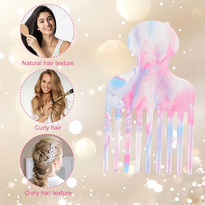 Wide Tooth Hair Pick Comb for Curls, 12cm/4.72in Detangling Lifting Comb Long Tooth Afro Pick Hair Styling Tool for Women Men Barber Supplies (Pink Blue)