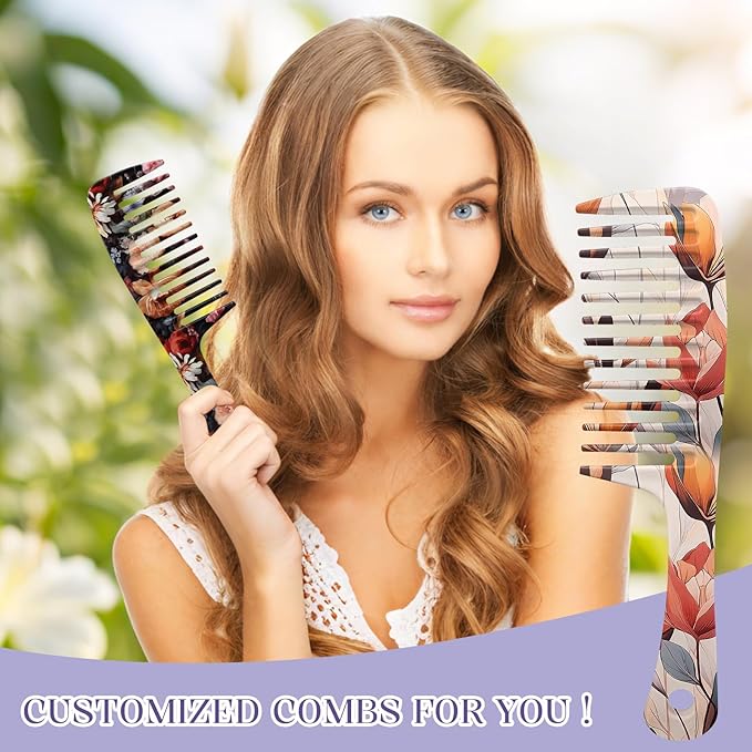 2PCS Wide Tooth Comb,Effortless Tangle Removal for Long Hair Styling Comb for Curly,Wet,Cute Aesthetic Design for Women Men and Girls(Black-Flowers-08)