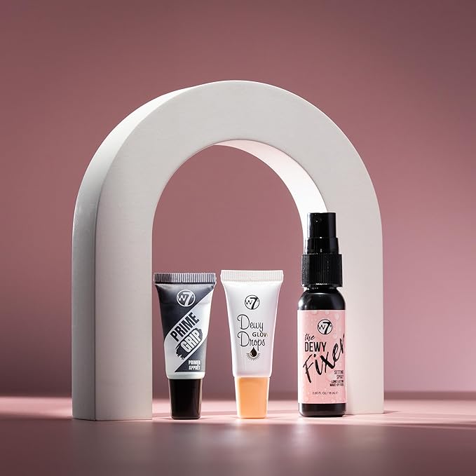 W7 Mini Glow Heroes Gift Set - Travel Size Makeup Minis with Primer, Glow Drops & Setting Spray - Stocking Stuffer