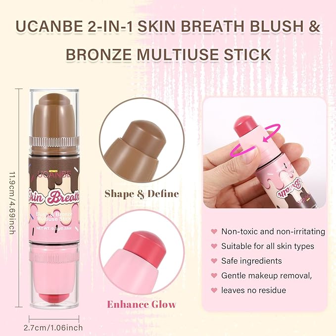 UCANBE Skin Breath Blush & Bronzer Multiuse Stick, 2-in-1 Creamy Face Cheeks Contour Makeup Stick for Natural Radiant Finish Look, Vegan & Cruelty-Free, Travel-Friendly (04 Blooming Rose)