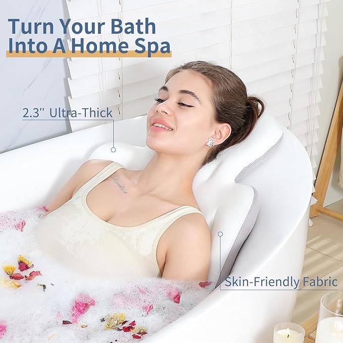Luxury Bath Cushion, Full Body Bathtub Pillow with 160 Suction Cups, Bath Mat for Head and Neck Support, with Laundry Bag (White, 56.2" x 16.2")