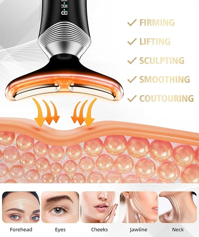 9-in-1 Red-Light-Therapy-for-Face-and-Neck, Portable Facial Massager Tool with Adjustable Vibration & Thermals for Wrinkles, Double Chin, Black