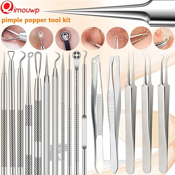 16 Pcs Pimple Popper Kit - Blackhead Remover & Acne Extractor Tool - Professional Stainless Steel Tweezers for Eyebrows, Pimples & Blemishes - Tools for Beauty Salons