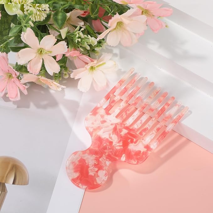 Wide Tooth Hair Pick Comb for Curls, 12cm/4.72in Detangling Lifting Comb Long Tooth Afro Pick Hair Styling Tool for Women Men Barber Supplies (Floral Pink)