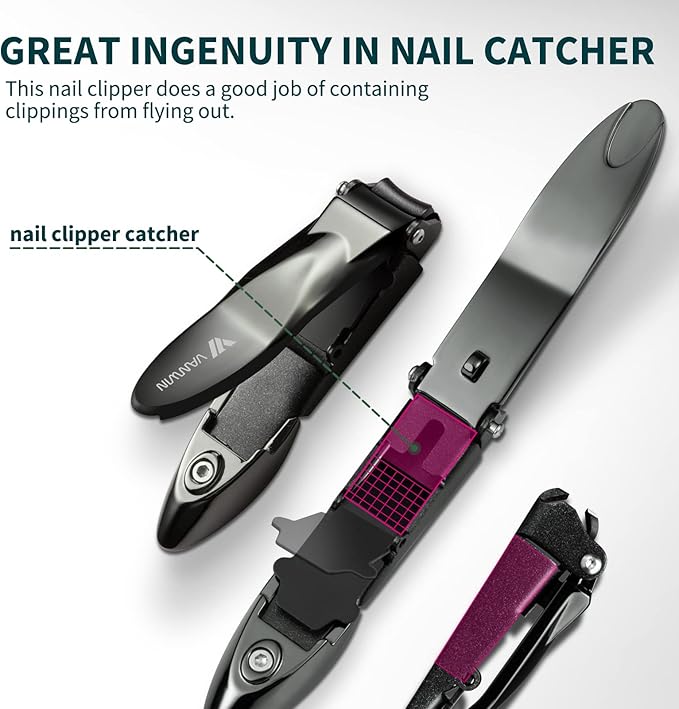 Nail Clippers with Catcher, No Splash Fingernail Toenail Clippers with Sharp Curved Blade and Glass Nail File, Wide Jaw Opening Stainless Steel Nail Cutter Trimmer for Seniors Adult Men Women
