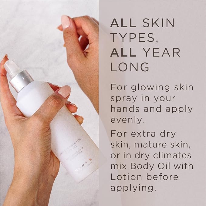 Zents Luminous Cashmere Body Oil (Fig Fragrance) | Moisturizing Body Oil with Vitamin E & Organic Coconut Oil | Softens & Smooths Skin | 8 fl oz