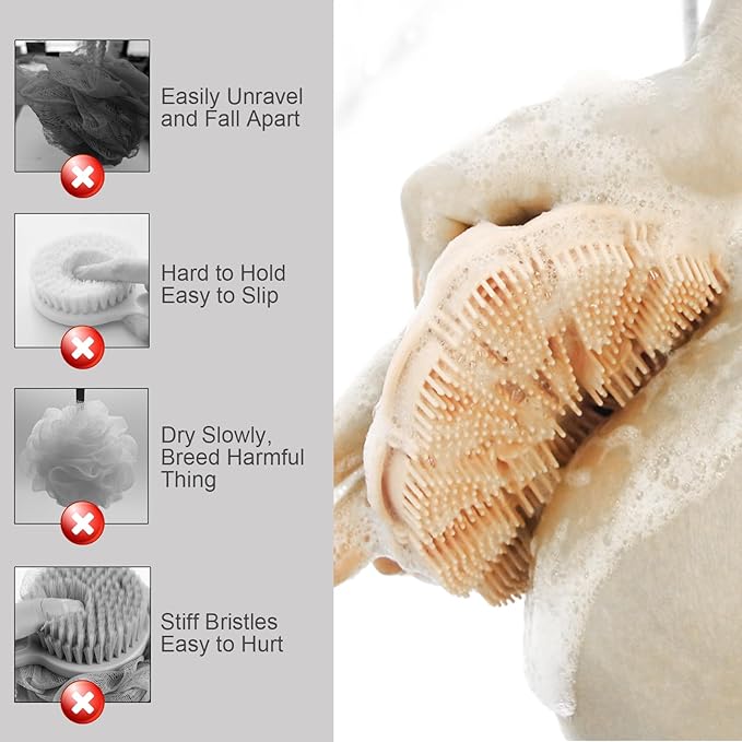 Silicone Body Scrubber Shower Brush, Exfoliating Body Wash Scrubbers for All Skin Types, Ergonomic No-Slip Handle, Body Brush for Showering