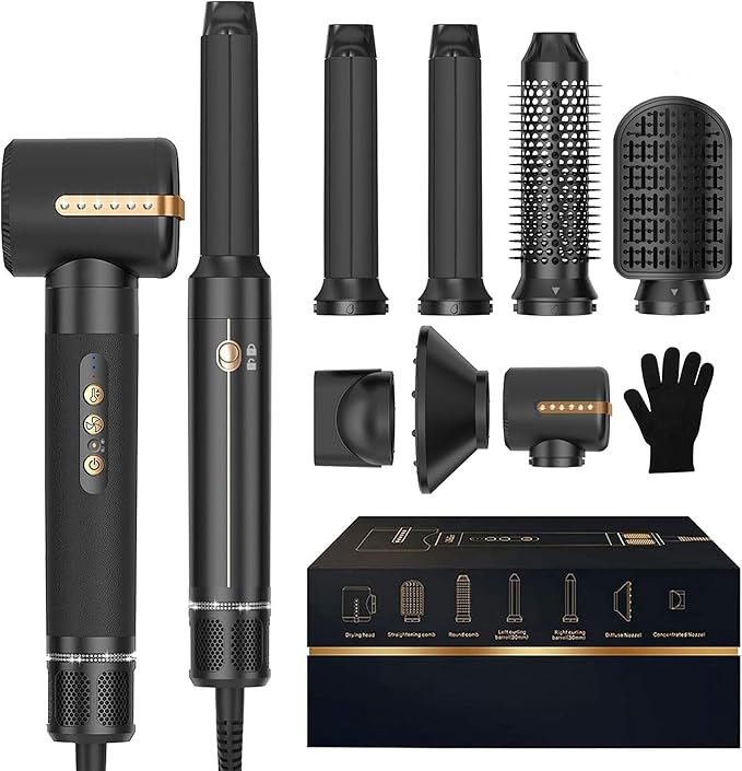 7 in ONE Hair Dryer Brush, Powerful Blow Dryer Brush with Air Curler for Hair, Brush Blow Dryer with Diffuser, Ionic Hot Air Brush Fast Dry, Volumize, Curls, Straight, Hair Styling Tools 100-120V