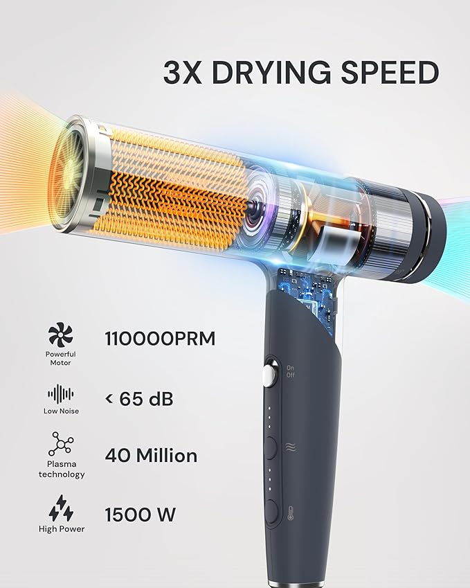 Plasma Ion Hair Dryer with Diffuser for Curly Hair, 110000 RPM Professional High Speed Blow Dryer with Plasma Ion, 1500W Foldable Travel Hairdryer with 6.5 Ft Cord Fast Drying for Women Men