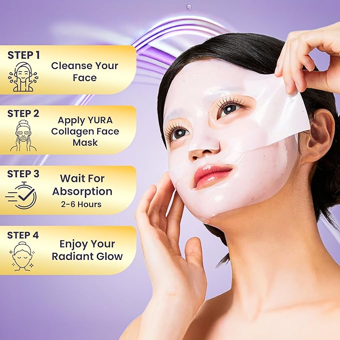 Yura Clean Collagen Face Mask – Korean Overnight Bio-Collagen Sheet Mask for Glowing, Hydrated & Firm Skin – Anti-Aging, Moisturizing & Skin Rejuvenation – 4 Pack – Ideal Holiday Gift for Women