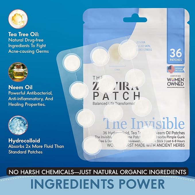 Zovira Invisible Patch-Daytime Niacinamide, Salicylic Acid, Tea Tree and Neem Oil Acne Pimple Patch (36ct) Suitable For Sensitive Skin-Tapered Edges Blends Into All Skin Tones Reduce Redness in 15 Min