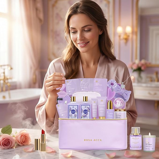 25 Pcs Valentines Day Gifts for Women, Lavender Bath & Body Gift Set, Hydrating Skin Care Set, Self Care Gifts, Face Sheet Mask, Cosmetic Bag, Necklace, Christmas, Birthday, Mothers Day