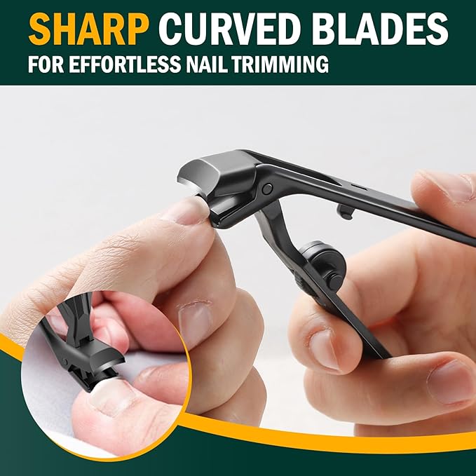 FVION Ergonomic Angled Toenail Clippers for Thick Nails – Long Handle Nail Cutter with Lock & Catcher, Stainless Steel Clippers for Seniors, Men & Women （Black）