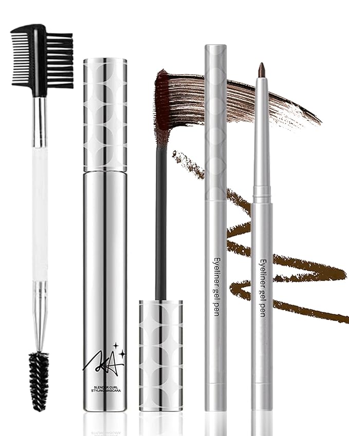 Brown Mascara and Waterproof Eyeliner Pencil Set for Older Women 60 Plus,Length and Volume Mascara for Mature Women,Retractable Eye Liner Matte Cream Waterline Eyeliner Makeup for Sensitive Eye-Set B