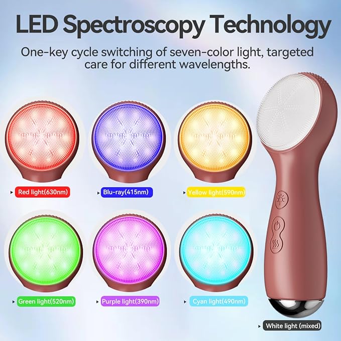 Facial Cleansing Brush Electric, Silicone Heated Face Scrubber with 7 LED Lights, Rechargeable Vibration Exfoliating Cleanser for Deep Cleaning & Gentle Massage, Skin Care Tool, Ideal Gift (Brown)