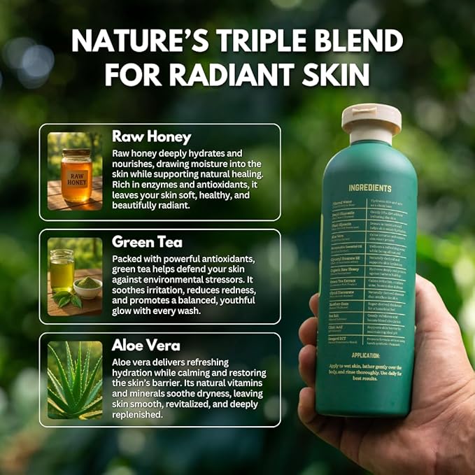 PRIMALS Natural Body Wash - Aloe Vera, Raw Honey, Green Tea - Natural Ingredients - Zero Artificial Fragrances, Sulfates, Parabens, or Dyes - 13.5 Fl Oz