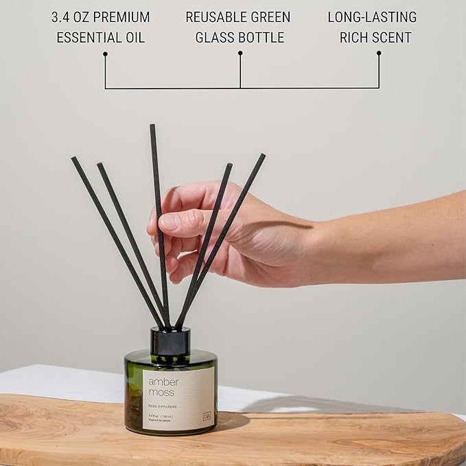 Craft & Kin Amber Moss Christmas Reed Diffuser | All Natural Essential Oil & Rattan Scent Sticks | Holiday Reed Diffusers for Home, Bathroom | Long Lasting Home Fragrance in Green Glass, 3.4oz