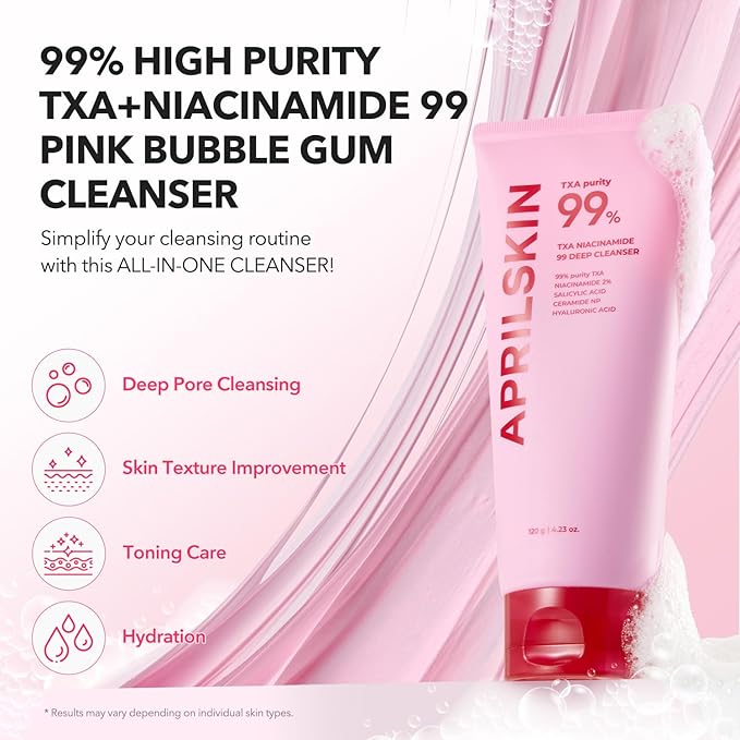 APRILSKIN TXA Bubble Gum Cleanser with Pore Brush: TXA Niacinamide 99 Pore Care Pink Bubble Gum Deep Cleanser(4.23 fl.oz.)+Pore Cleansing Facial Silicone Brush