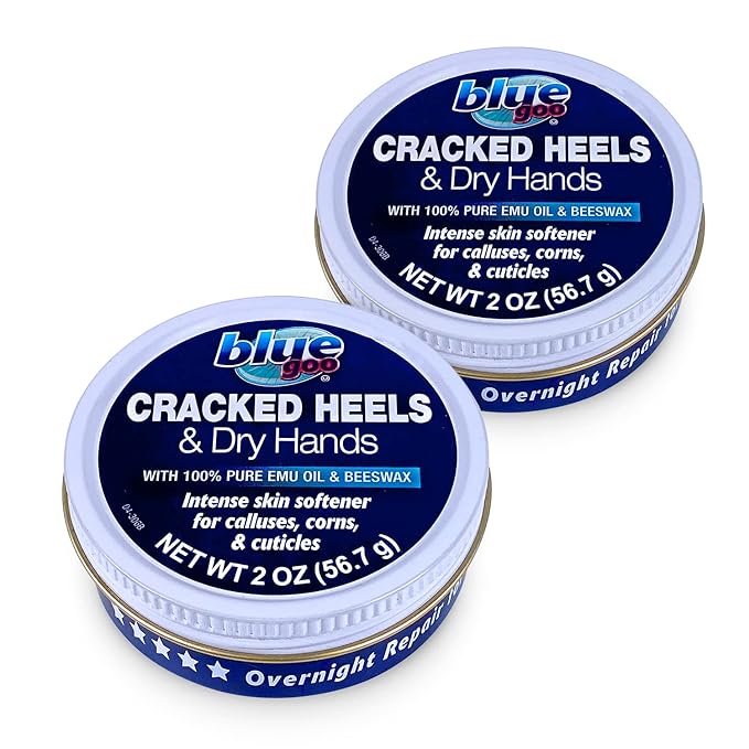Blue Goo Cracked Heels & Dry Hands Intense Skin Softener - for Calluses, Corns & Elbow Dryness Relief, Fast- Penetrating Hydrating Moisturizer, Made w/ 100% Pure Emu Oil & Beeswax, 2 oz (2 Pack)