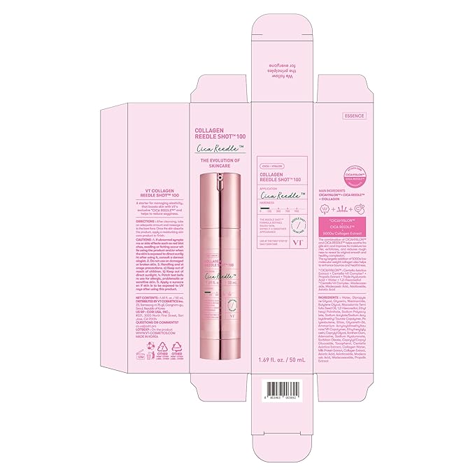 VT COSMETICS Pink Reedle Shot 100 Serum with 500Da Collagen Extract & Spicule Microneedling Formula, Korean Skin Booster, 1.69 fl oz(50ml)