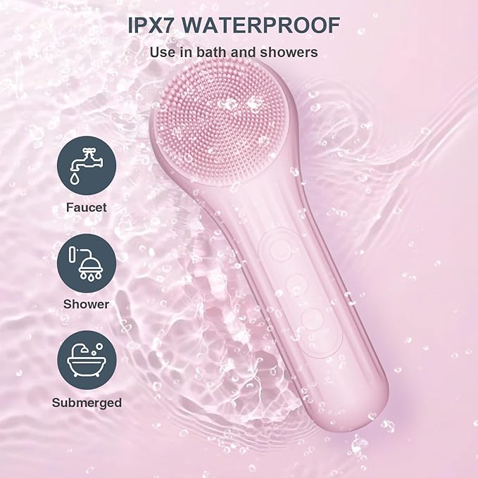 Silicone Face Scrubber, Waterproof Electric Facial Cleansing Brush for Men & Women, Rechargeable Face Scrubber with 5 Modes for Deep Cleansing, Exfoliating, Massage (Pink)