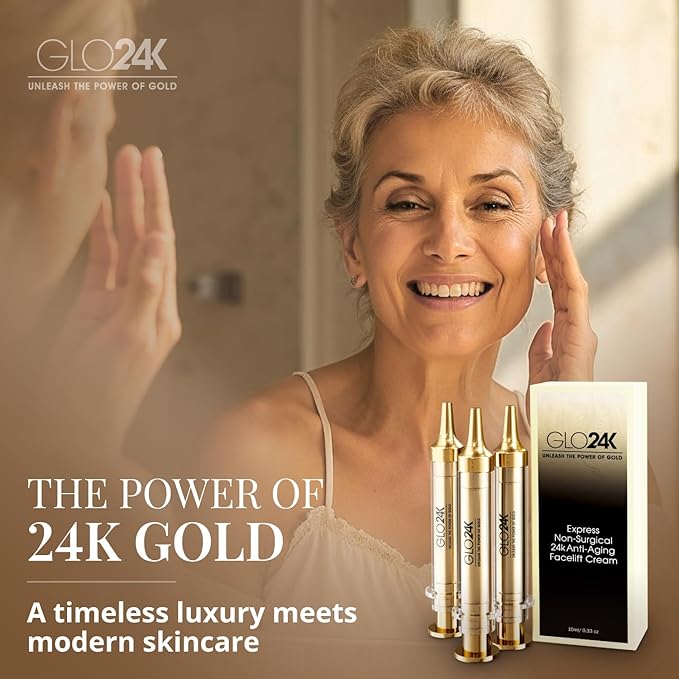 GLO24K Instant Facelift Cream with 24k Gold, Hyaluronic Acid, Peptides, and Vitamins. Value Pack of 3. A powerful non-invasive alternative to injections.