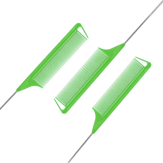 Rat Tail Combs Set: 3Pcs Steel Pin Teasing Combs for Hair Stylists, Parting Combs for Women (Green)