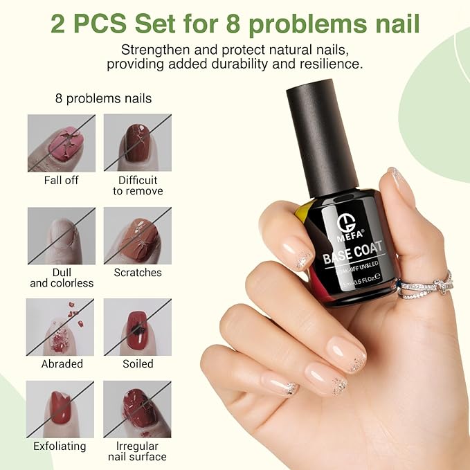 MEFA 2 Pcs 15ml Gel Top Coat and Base Coat Set, No Wipe Gel Nail Polish Base and Top Coat, Long Lasting Glossy Shine Effect Soak Off LED Nail Lamp Top Base Coat Nail Art DIY Manicure Holiday Gifts