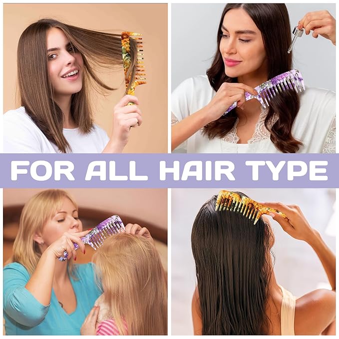 2PCS Wide Tooth Comb,Effortless Tangle Removal for Long Hair Styling Comb for Curly,Wet,Cute Aesthetic Design for Women Men and Girls(Yellow-Flower-12)