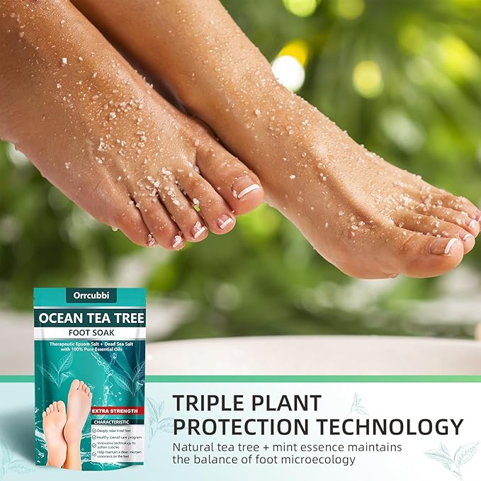 EXTRA STRENGTH Ocean Tea Tree Oil Foot Soak Salt – Dead Sea & Epsom Salt with Natural Essential Oils – Foot Bath for Odor, Callus Softening & Toenail Care – Relax Tired Feet, Home Spa Use 16oz