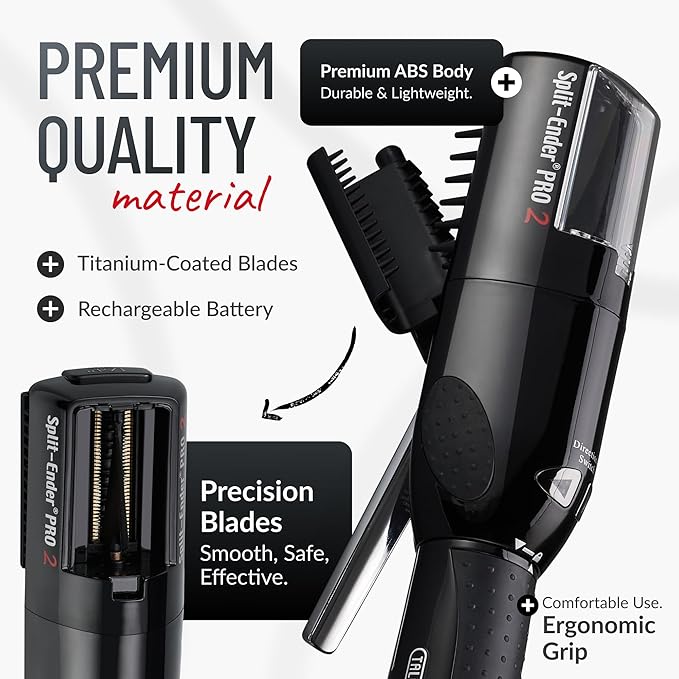Split-Ender Pro 2 - Original Professional Beauty Tool - Cordless Split End Hair Trimmer for Damaged, Dry, Brittle, Frizzy, Curly or Straight Hair (Black)