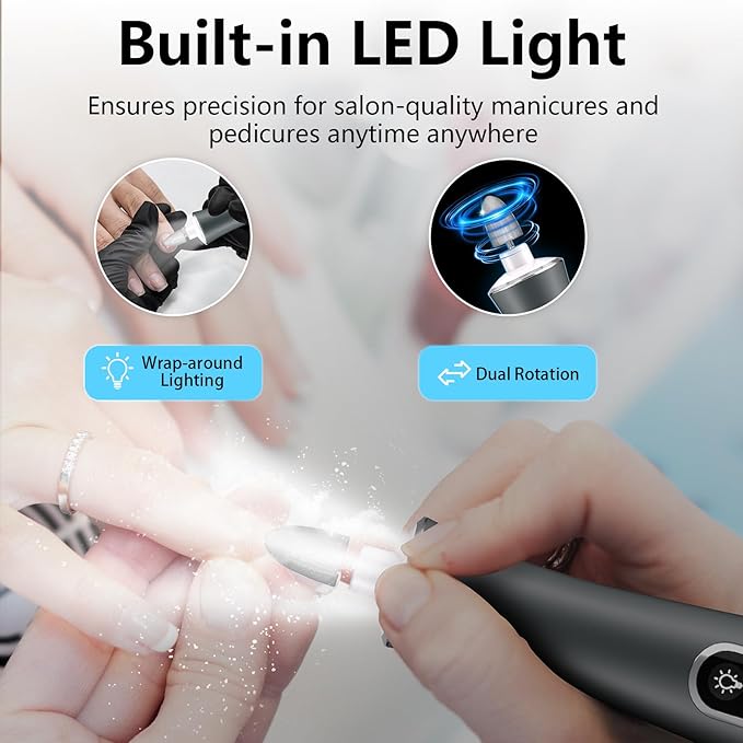 Electric Nail File Drill, Cordless 2000 mAh Rechargeable Nail Filer Electric, Portable Nail Dril 10 Speeds Professional Machine Drill for Nails Acrylic Manicure and Thick Toenails Grinder