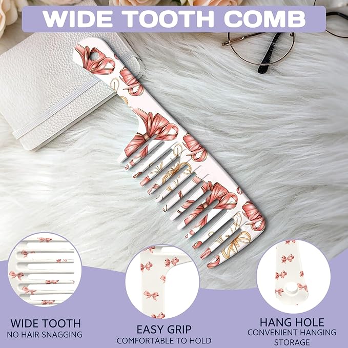 2PCS Wide Tooth Comb,Effortless Tangle Removal for Long Hair Styling Comb for Curly,Wet,Cute Aesthetic Design for Women Men and Girls(Pink-Bow-03)