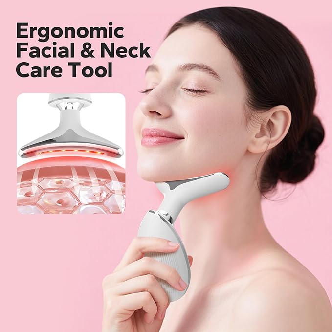 Face and Neck Massager Tool with Red Light Therapy, LED Light Therapy Device for Face and Neck, Facial & Neck Care Tool for Skin Revitalization, Relaxation, Even Tone, Smoother-Looking Skin