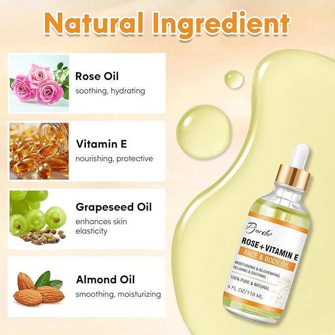 Vitamin E Rose Oil & Gua Sha Massage Tools Set, Gua Sha Oil for Face & Body, Organic Vitamin E Oil for Moisturizing and Hydrating, Anti Aging, Spa Gifts for Him Her