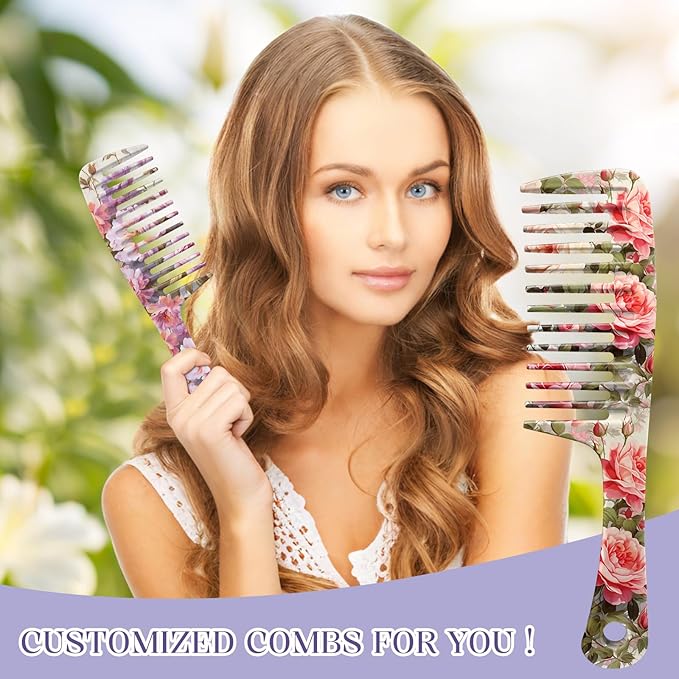 2PCS Wide Tooth Comb,Effortless Tangle Removal for Long Hair Styling Comb for Curly,Wet,Cute Aesthetic Design for Women Men and Girls(Purple-Flower-09)