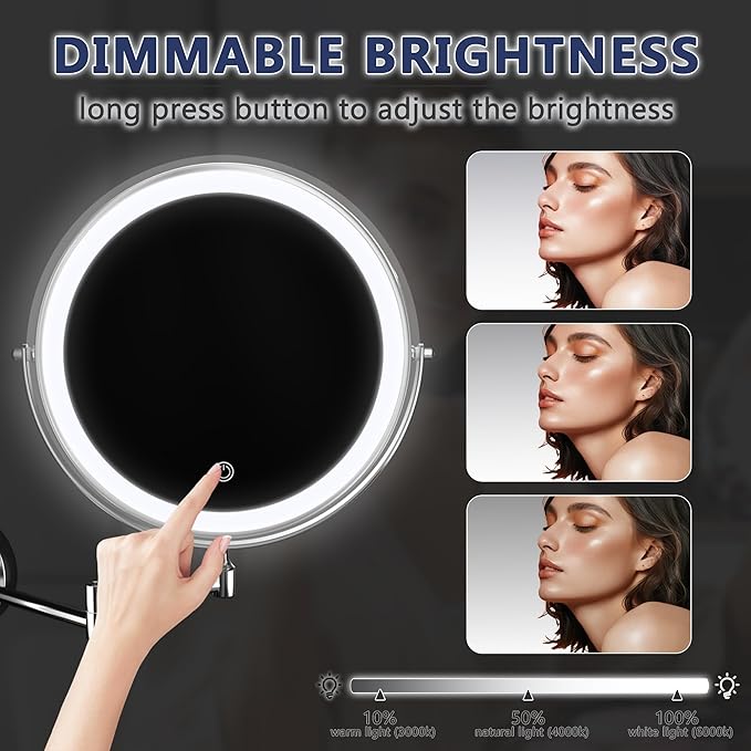 Hasipu 8.5-Inch Wall Mounted Makeup Mirror with Magnification, Rechargeable 2000 mAh Vanity Mirror with Lights, Bathroom Mirror with Dimmable Brightness, 3 Lighting Modes, Extendable Arm, Chrome